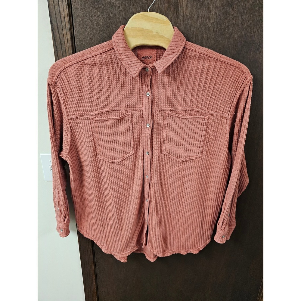 Aerie Lumberjane Waffle Knit Button Down Shirt Dusty Rose Pink Long Sleeve Top L